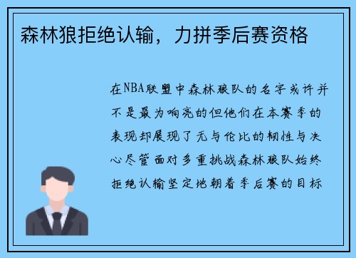 森林狼拒绝认输，力拼季后赛资格