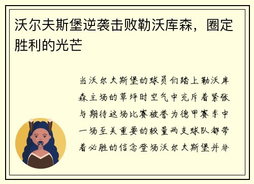 沃尔夫斯堡逆袭击败勒沃库森，圈定胜利的光芒