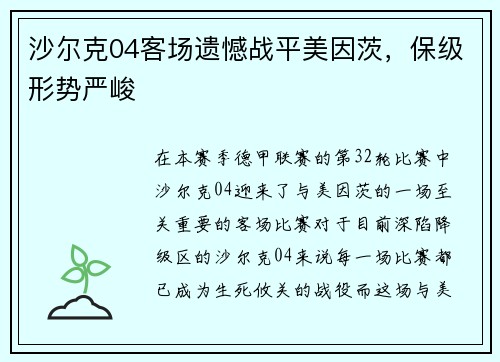 沙尔克04客场遗憾战平美因茨，保级形势严峻